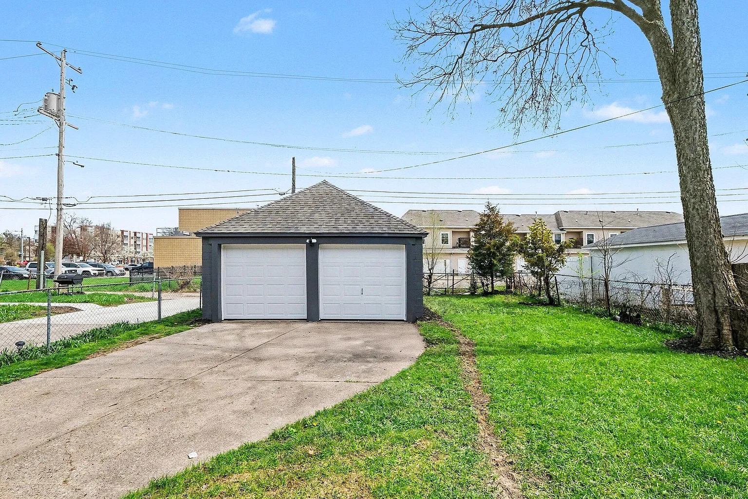 Detached two-car garage with new doors